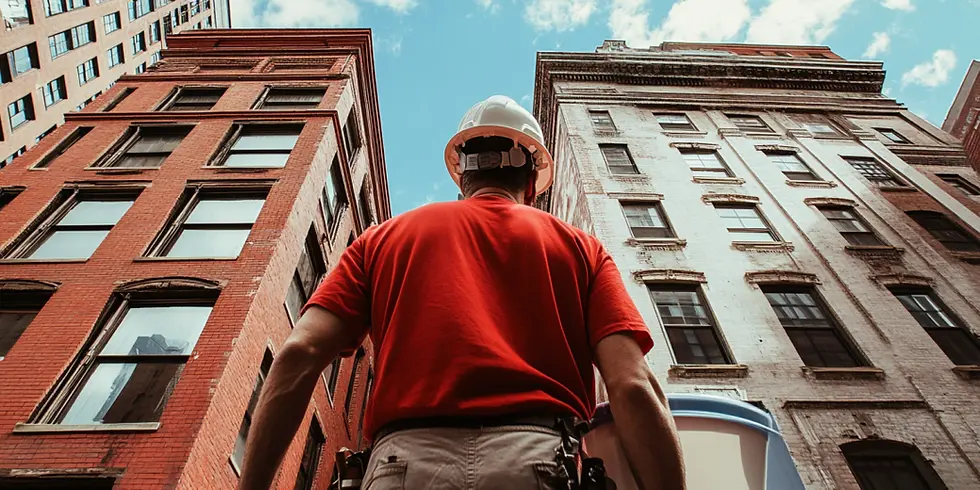 man looking up at brick buildings