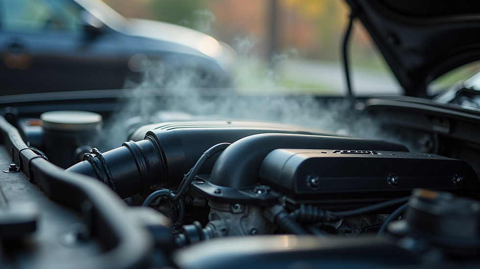 Close-up view of car engine with steam coming from radiator