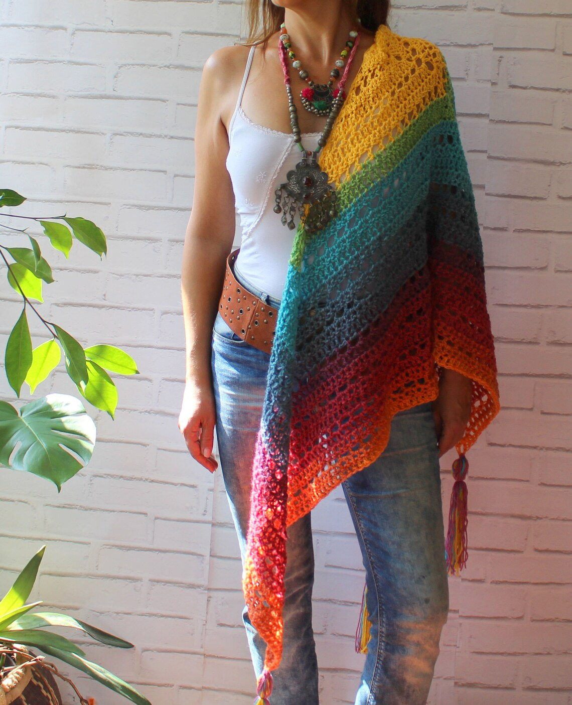 Boho Triangle Shawl. Fall Crochet Shawl. Crochet Wrap. Lazy Shawl. Multicolor