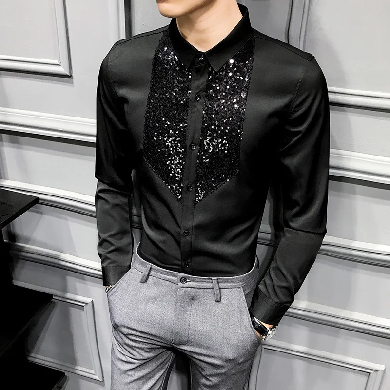 Sequins Tuxedo Shirts Men Long Sleeve Camisa Masculina 2020 Black White Casual S