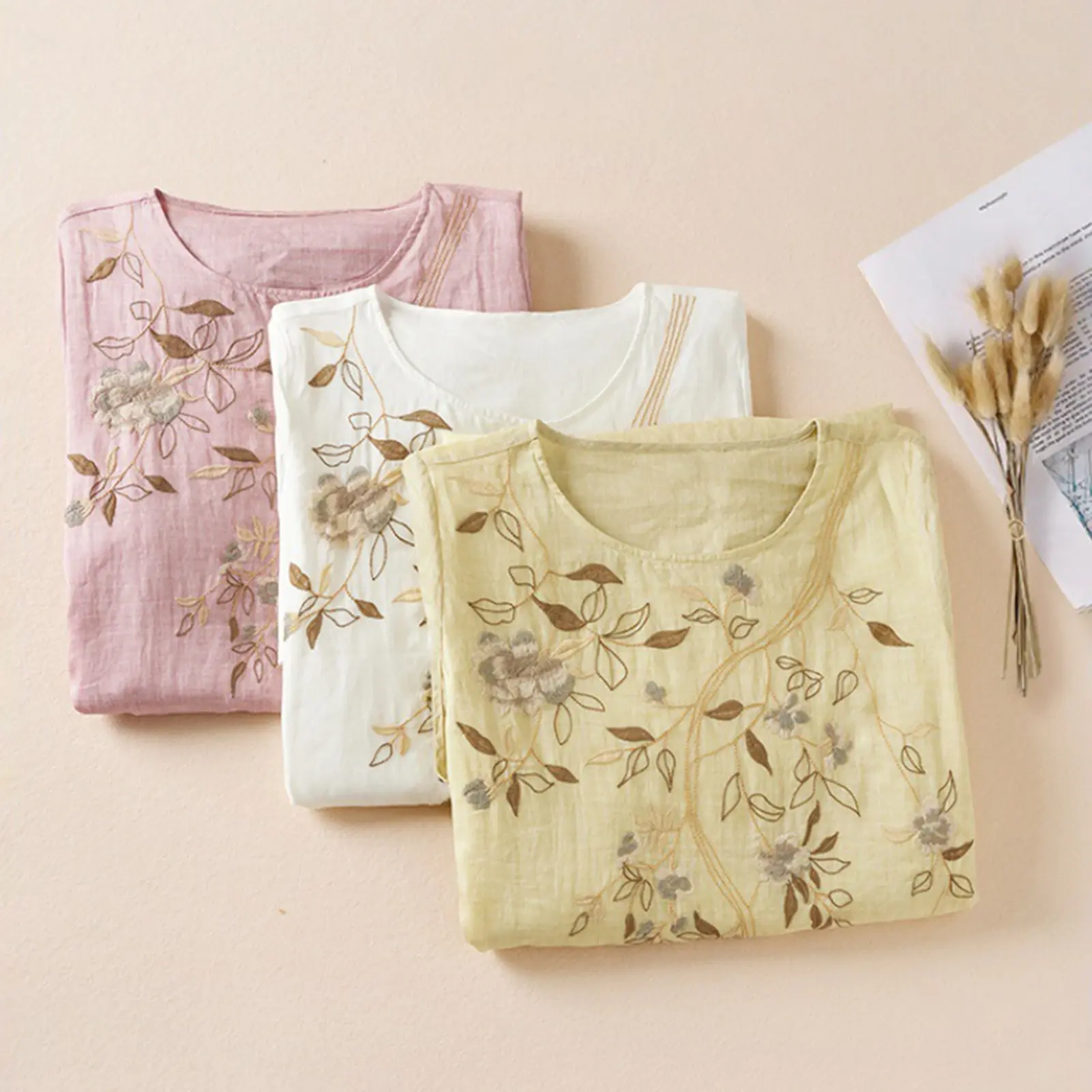 Vintage Women Dress Floral Embroidery Dress Ladies Short Sleeve O-Neck Cotton