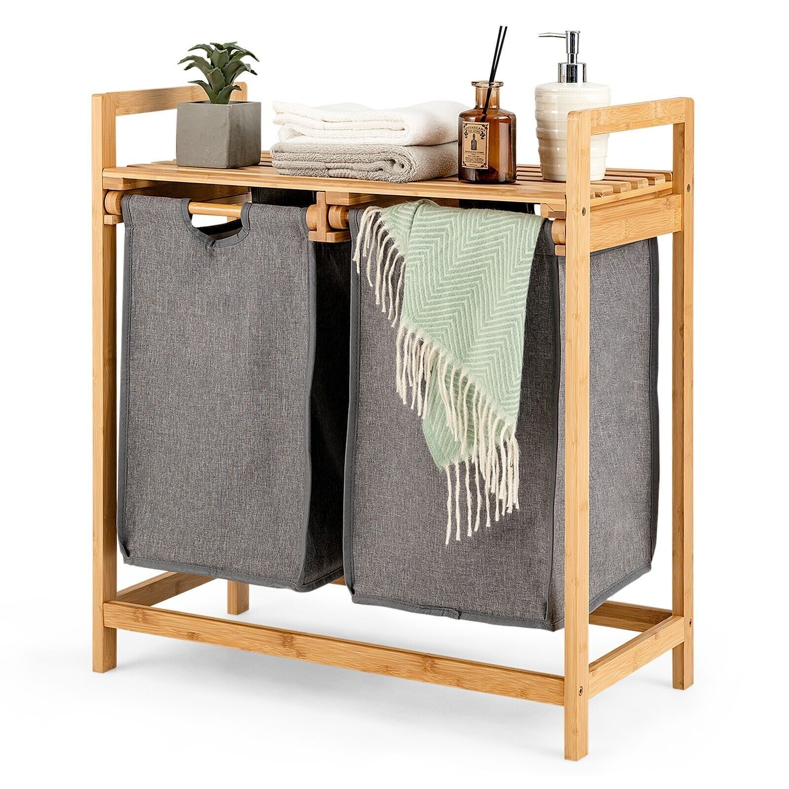 Bamboo Laundry Hamper Stand 2-Section Laundry Organizer W/ Removable Sliding Bag