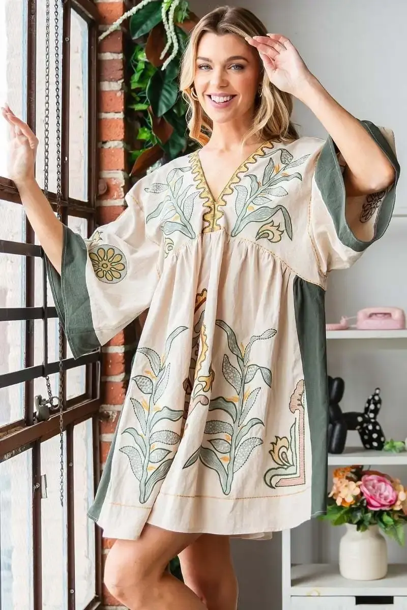 Thumbnail: A-Line Floral Embroidery Mini Dresses Women Flare Sleeve Boho Cotton Linen Dress