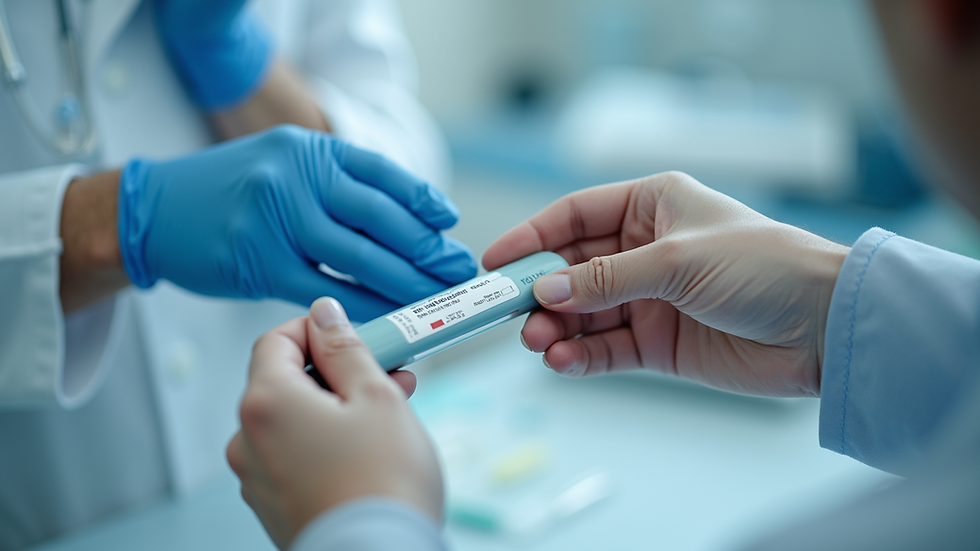 Close-up view of a medical professional preparing a hormone test kit