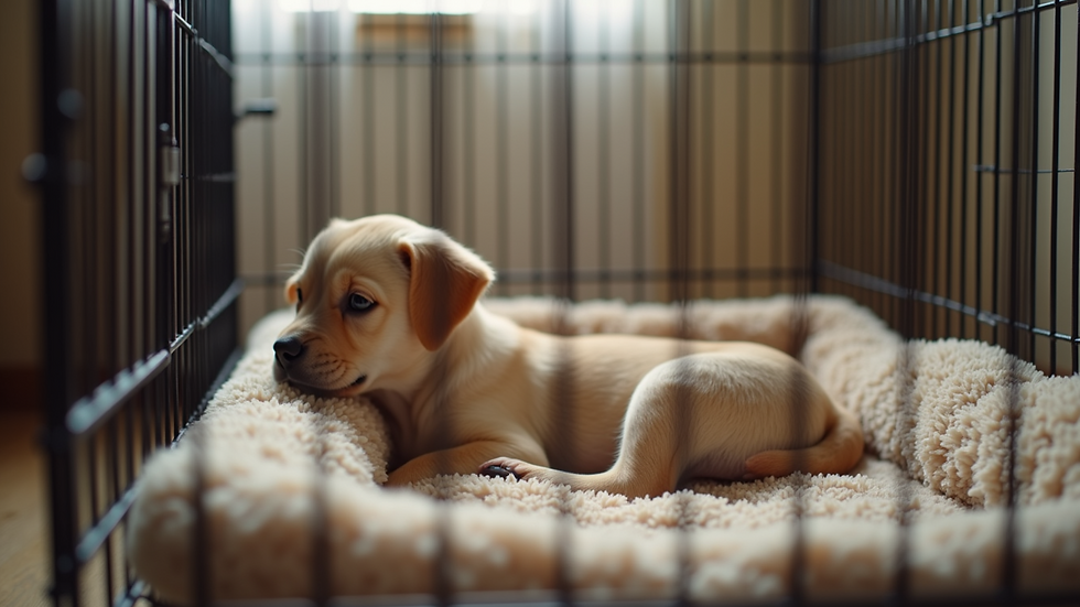 Close-up view of a puppy crate with comfortable bedding inside