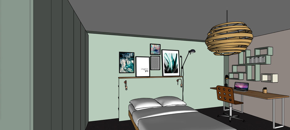 chambre, miroir, lumière, luminaire, miroir, vert, peinture, pampa, bureau, coiffeuse, dressing, placard, coussin, béton ciré, esquisse, 3D