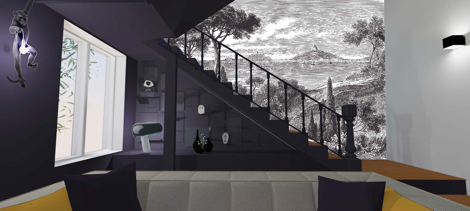 rénovation, intérieur, extérieur, rez-de-chaussée de chaussée, entrée, salon, pièce de vie, salle à manger, véranda, cuisine, salle d'eau, climatisation, poêle, panoramique, papier peint, peinture, escalier, cabinet de curiosité, décoration, luminaires, cadres photos, bleu, salon tv, rangement, meuble sur-mesure, plan