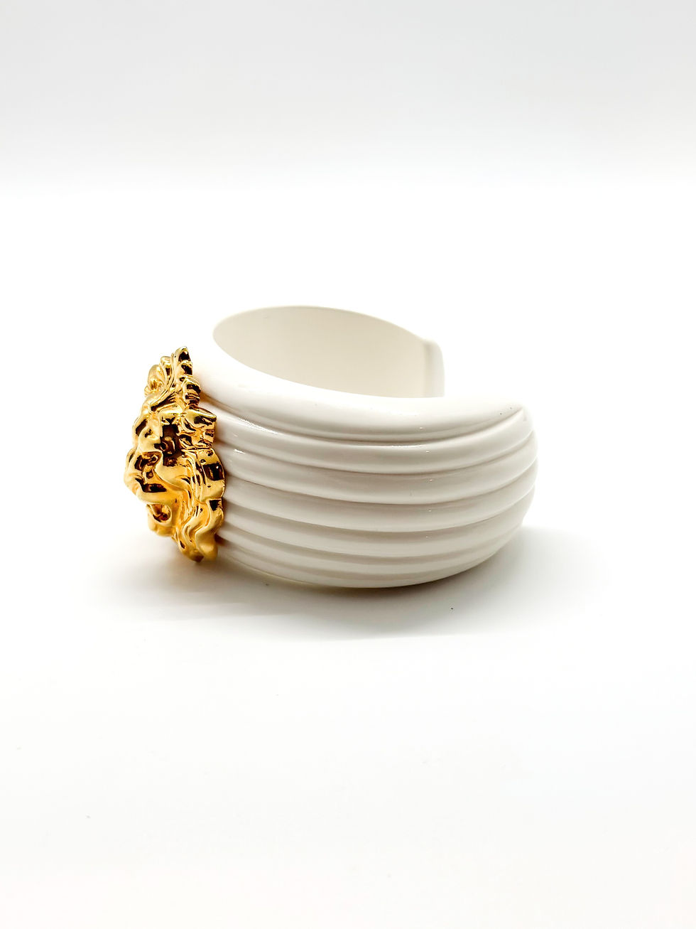 Thumbnail: SOLD| VINTAGE CREAM RESIN CUFF WITH GOLDTONE LION