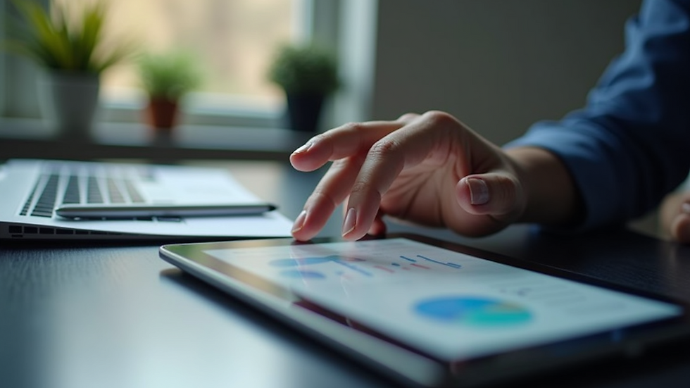 Close-up view of a recruiter’s hand interacting with a tablet showing candidate analytics