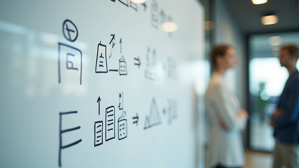 High angle view of a whiteboard with succession planning steps and charts