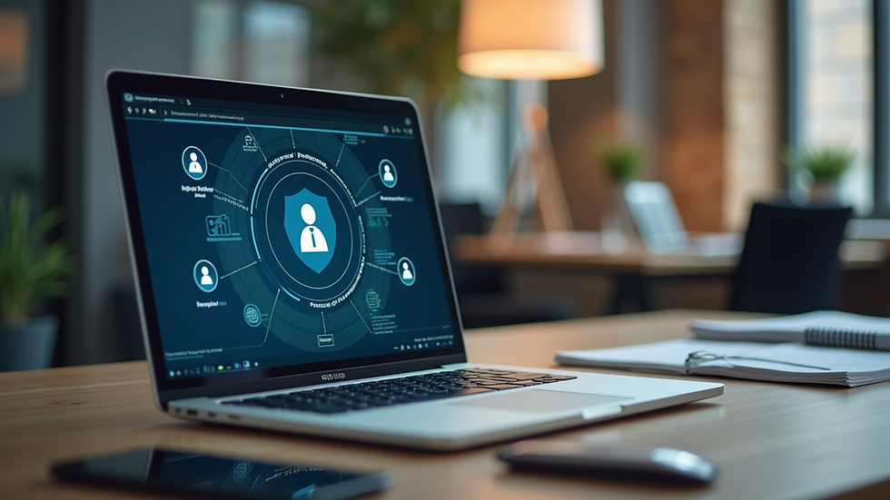 Eye-level view of a modern office workspace with a laptop displaying AI recruitment software