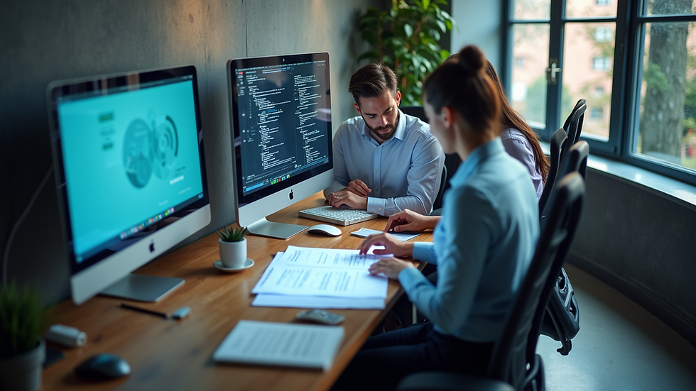 High angle view of a recruitment agency office with professionals collaborating over AI-generated candidate reports