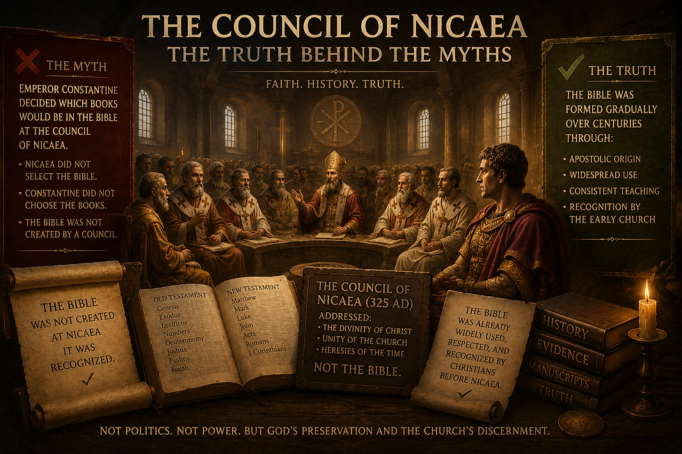 Historical illustration of the Council of Nicaea in AD 325, showing early Christian bishops gathered in theological debate over the nature of Christ and the formulation of the Nicene Creed, emphasizing that the council addressed doctrine and church unity rather than inventing the Bible or creating Christianity.
