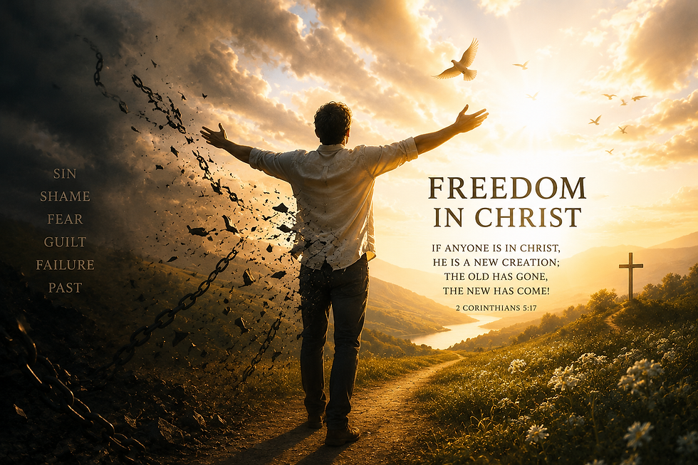 Inspirational Christian image symbolizing freedom in Christ, showing a man with outstretched arms as broken chains dissolve behind him and sunlight shines toward a cross, representing salvation, transformation, and becoming a new creation through Jesus Christ.