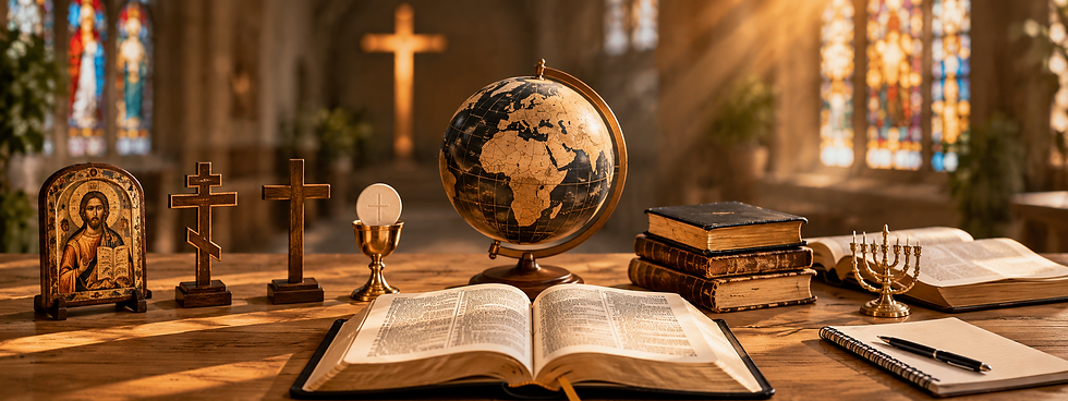 Open Bible on a wooden table inside a church surrounded by Christian symbols, crosses, ancient books, and stained glass windows representing the diversity of Christian denominations.