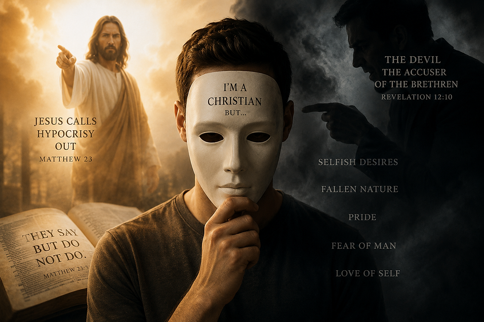 Dramatic Christian-themed image illustrating religious hypocrisy, showing a man holding a mask labeled ‘I’m a Christian but…’ between light and darkness, with Jesus calling out hypocrisy on one side and symbolic themes of pride, selfish desires, fallen nature, and the devil as accuser on the other.