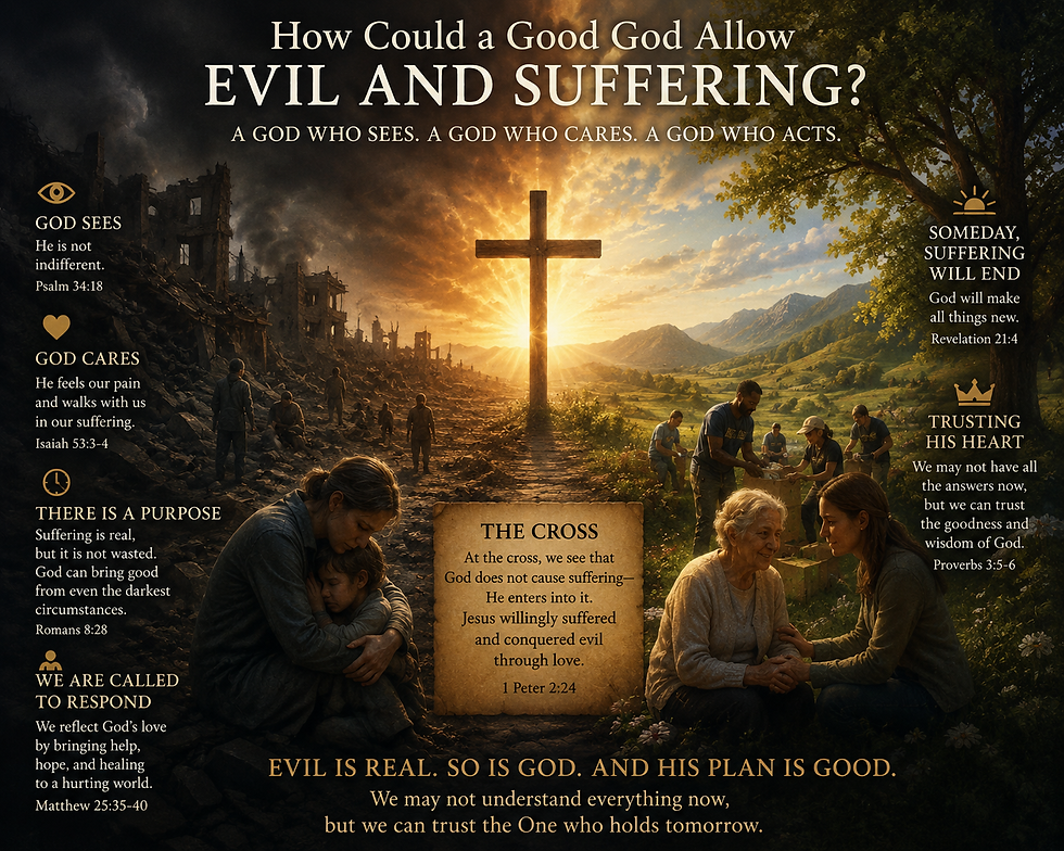 Christian illustration exploring the problem of evil and suffering, featuring a dark war-torn landscape transitioning into a hopeful sunlit scene centered on the cross of Christ. The image depicts grieving people, acts of compassion, and biblical themes of hope, redemption, and God’s presence in suffering, emphasizing that evil is real but God brings healing and ultimate restoration.
