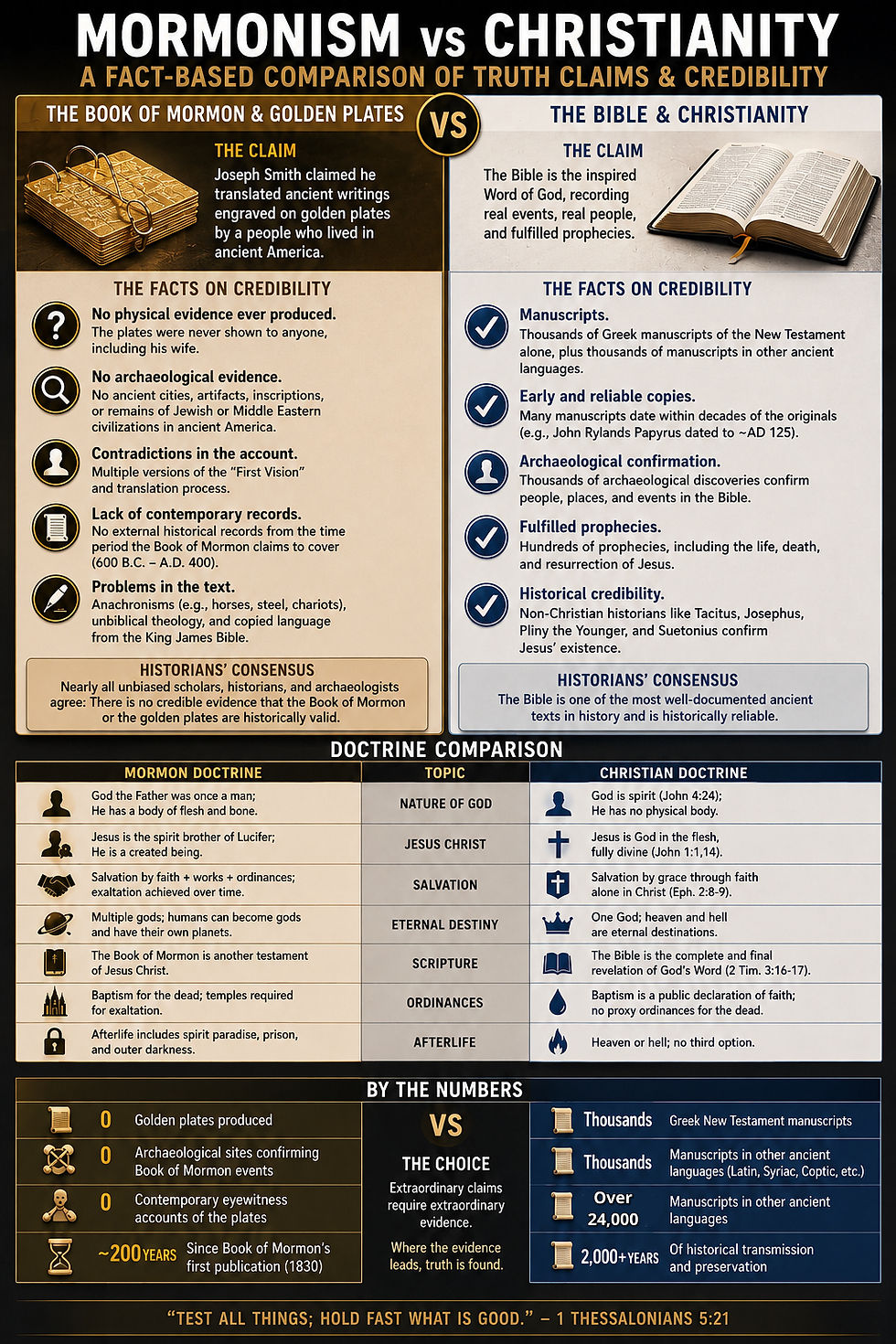 A side-by-side infographic comparing Mormonism and Christianity, examining historical claims, biblical manuscripts, archaeology, doctrine, and textual credibility. The chart contrasts Book of Mormon evidence with New Testament manuscript data and summarizes key theological differences between LDS beliefs and historic Christian doctrine.