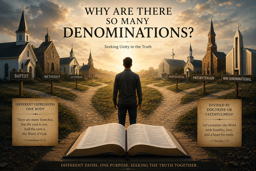 Cinematic Christian illustration exploring why there are many denominations, showing a man standing between different churches and Christian traditions while seeking unity and truth through the Bible.