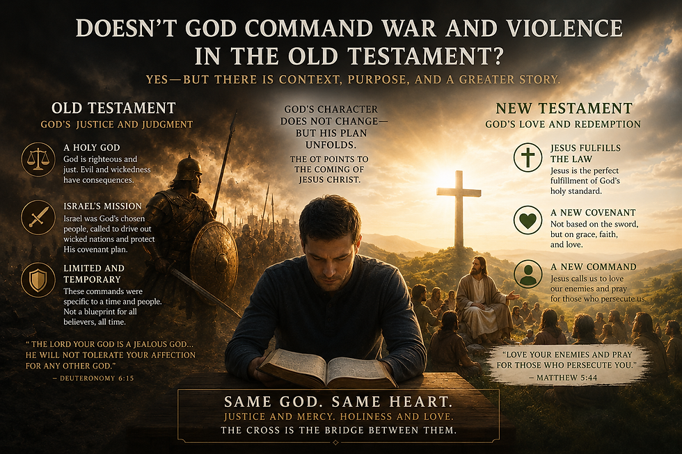 Christian infographic exploring whether God commands war and violence in the Old Testament, contrasting themes of justice and judgment with Jesus’ teachings on love, mercy, redemption, and peace in the New Testament while emphasizing God’s unchanging character.