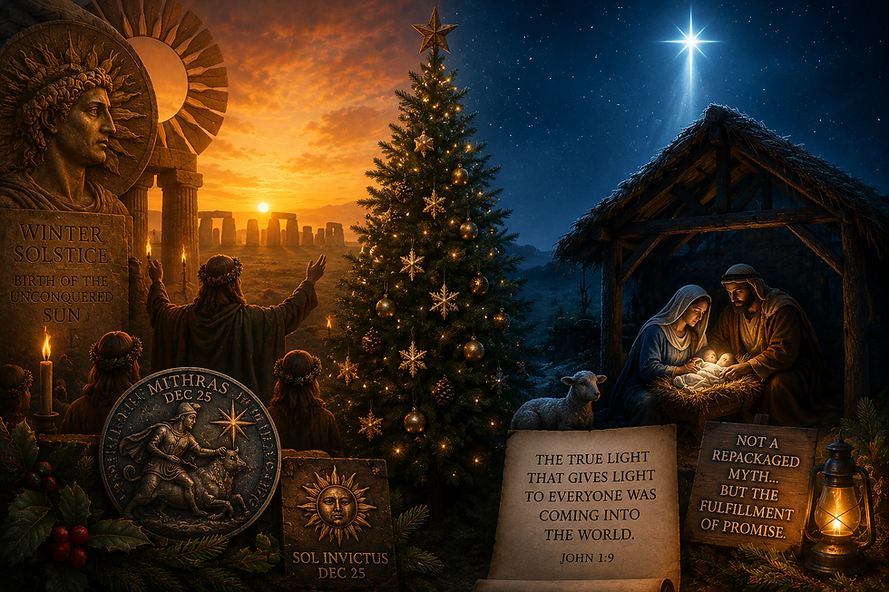 Christmas-themed image celebrating the birth of Jesus Christ, featuring the nativity scene, the star of Bethlehem, and worship imagery focused on the biblical meaning of Christmas instead of pagan origins.
