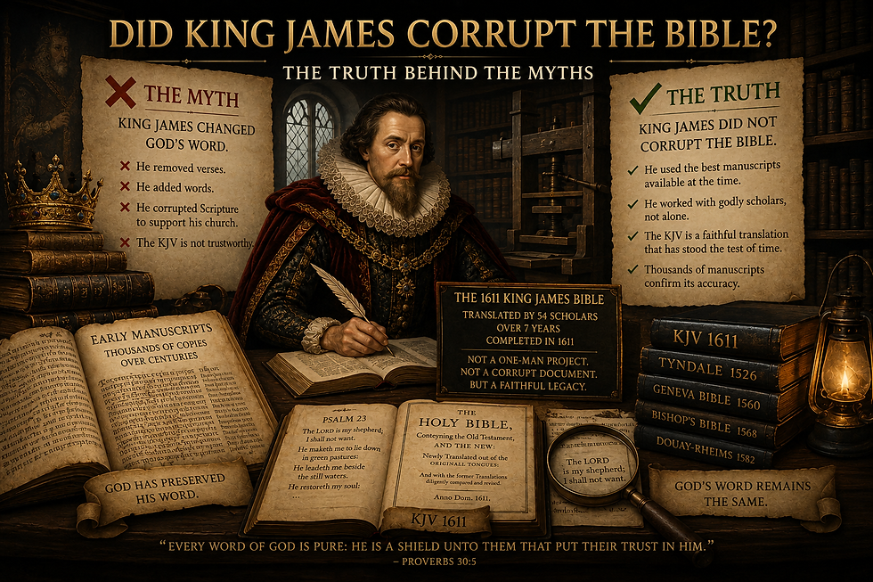 Historical depiction of King James I overseeing the translation of the King James Bible alongside scholars studying Hebrew and Greek manuscripts, symbolizing the scholarly process behind the 1611 translation and addressing claims that King James corrupted the Bible for political purposes.