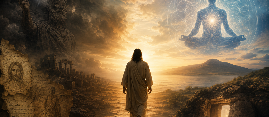 Symbolic cinematic scene of Jesus walking toward light between dark ancient Gnostic imagery and modern spiritual enlightenment symbolism, representing the contrast between biblical Christianity and “Christ consciousness” spirituality.
