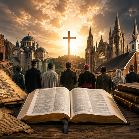 Cinematic illustration of different Christian traditions featuring churches, ancient manuscripts, an open Bible, and diverse believers gathered beneath a glowing cross at sunset.