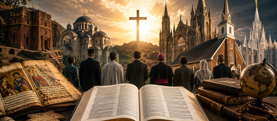 Cinematic illustration of different Christian traditions featuring churches, ancient manuscripts, an open Bible, and diverse believers gathered beneath a glowing cross at sunset.