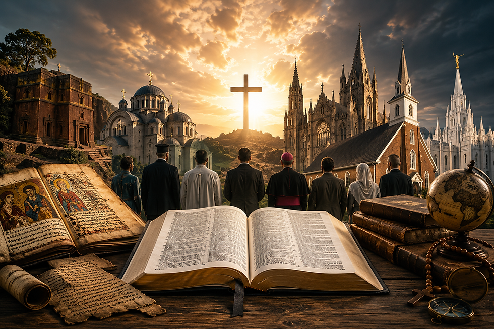 Cinematic illustration of different Christian traditions featuring churches, ancient manuscripts, an open Bible, and diverse believers gathered beneath a glowing cross at sunset.