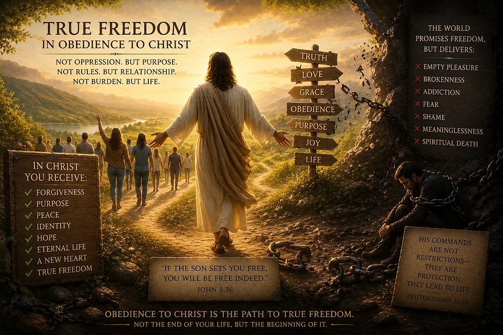 Christian artwork illustrating true freedom through obedience to God, contrasting the empty promises of the world with peace, purpose, and spiritual freedom found in walking with Christ.
