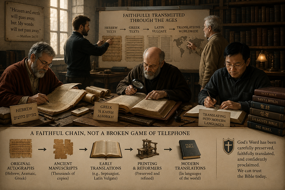 Scholars translating ancient biblical manuscripts in a medieval-style library, comparing Hebrew, Greek, and modern Bible texts to illustrate the careful preservation and transmission of Scripture through history. The image includes ancient scrolls, translation charts, and multilingual Bibles, emphasizing that the Bible was translated from original source languages rather than through a long chain of unreliable translations.
