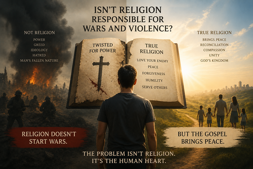 Conceptual Christian artwork exploring whether religion causes war and violence, showing a divided scene between destruction and peace, with messages about human greed and fallen nature contrasted against the teachings of Jesus on love, forgiveness, humility, and peace.