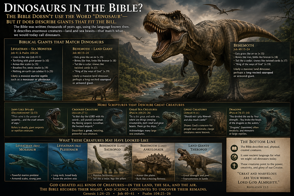 Educational illustration exploring claims of dinosaurs in relation to the Bible and Genesis timeline