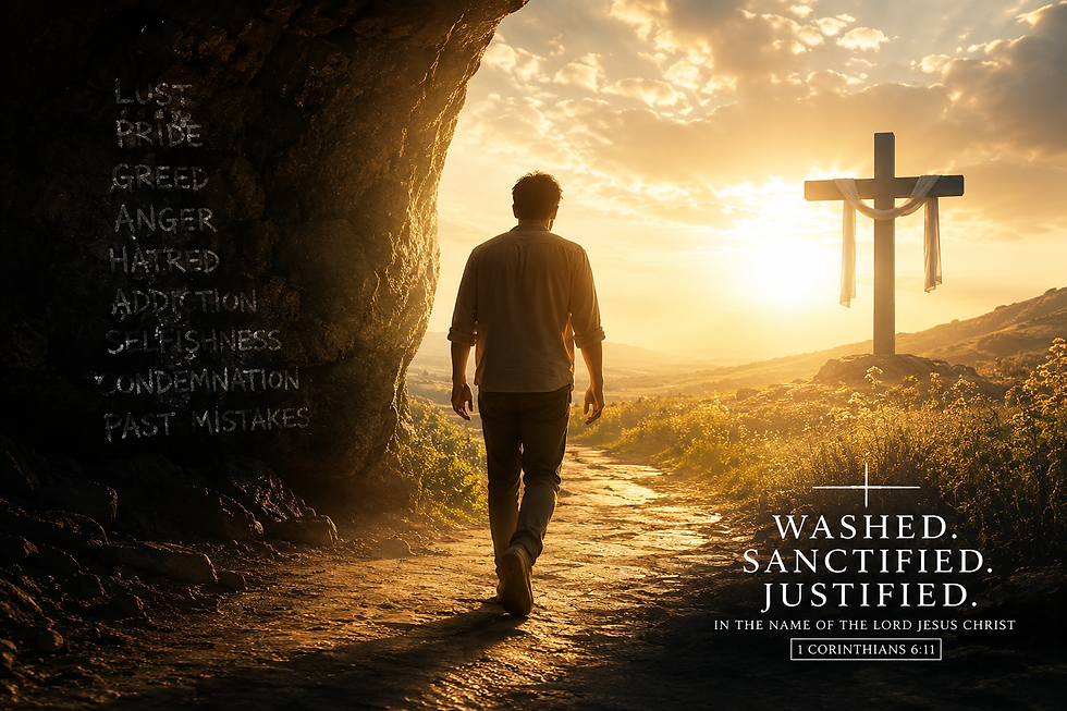 Cinematic Christian artwork of a man walking from darkness toward a glowing cross at sunrise, symbolizing repentance, sanctification, rebirth, and redemption through Jesus Christ with 1 Corinthians 6:11.