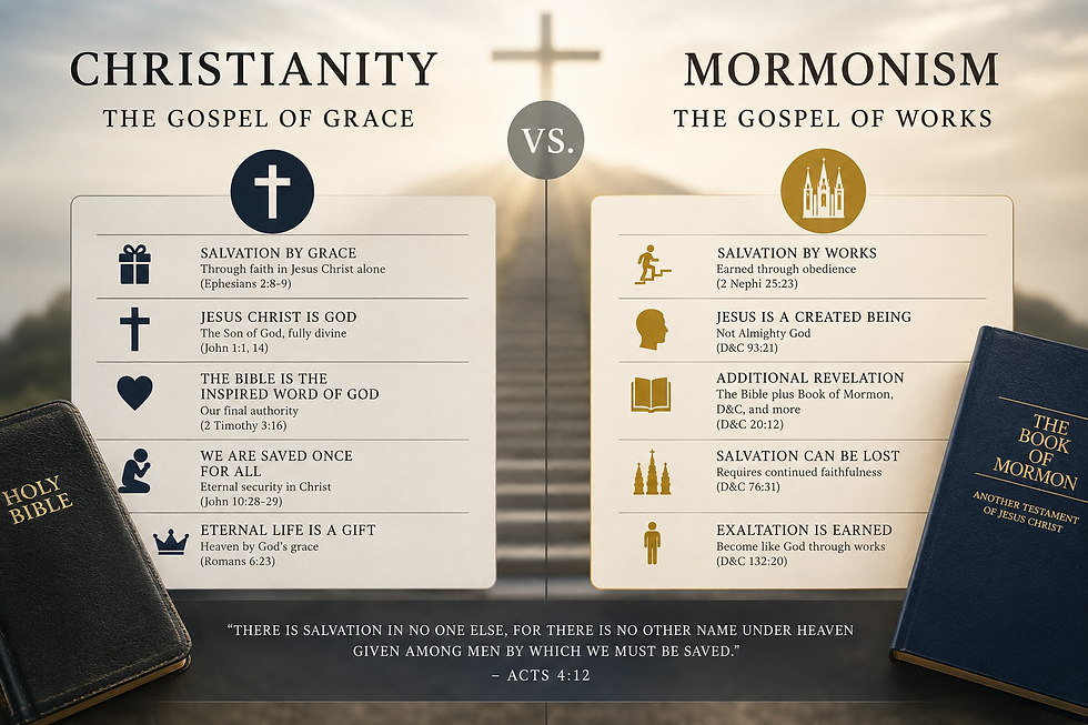 Christian infographic comparing Christianity and Mormonism, highlighting differences in beliefs about salvation, Jesus Christ, scripture, grace, works, and eternal life using the Bible and Book of Mormon.