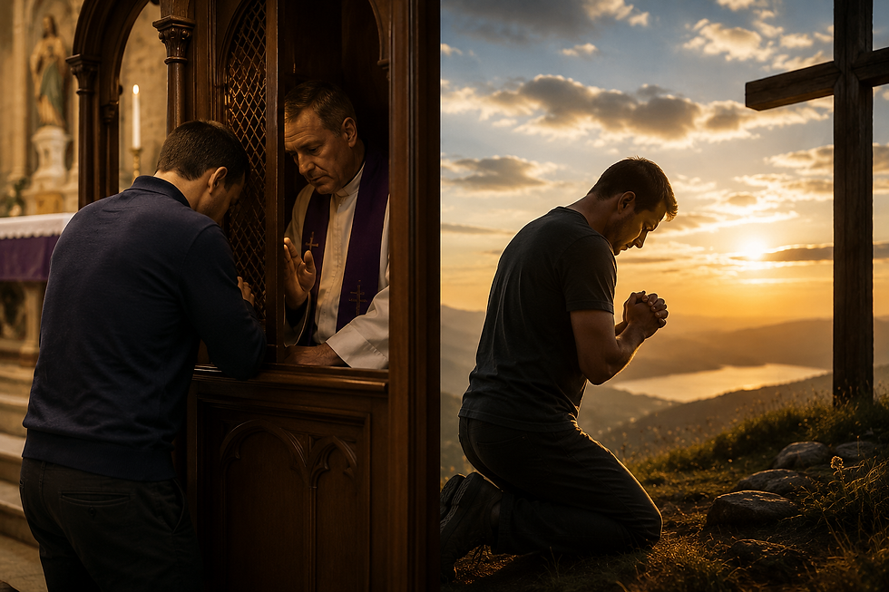 Split-image comparison of Christian confession practices, showing a Catholic believer confessing sins to a priest inside a church confessional beside a Protestant/non-denominational believer praying directly to God outdoors near a cross at sunset.