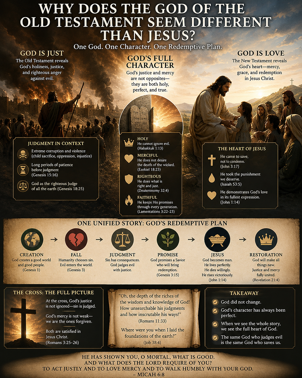 Christian infographic comparing the Old and New Testaments to explain why God’s character is consistent throughout the Bible. The image contrasts scenes of divine justice and mercy, shows Jesus teaching and caring for people, and highlights the cross as the fulfillment of God’s redemptive plan, emphasizing that the same God revealed in the Old Testament is fully revealed in Jesus Christ.