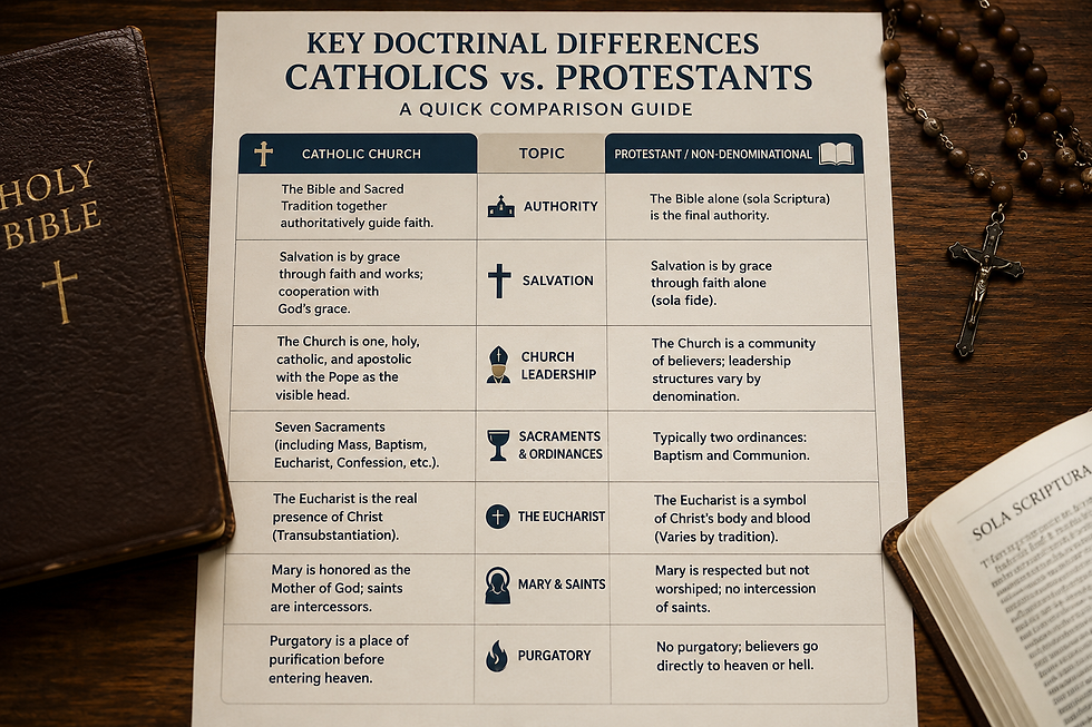 Infographic comparing key doctrinal differences between Catholics and Protestants/non-denominational Christians, including authority, salvation, church leadership, sacraments, the Eucharist, Mary and saints, and purgatory, displayed beside a Bible and rosary on a wooden table