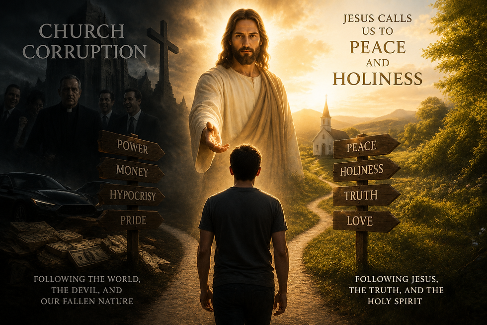Dramatic Christian artwork about church corruption showing a believer standing at a crossroads between darkness and light, with Jesus calling people toward peace, holiness, truth, and love instead of pride, hypocrisy, greed, and fallen human nature.