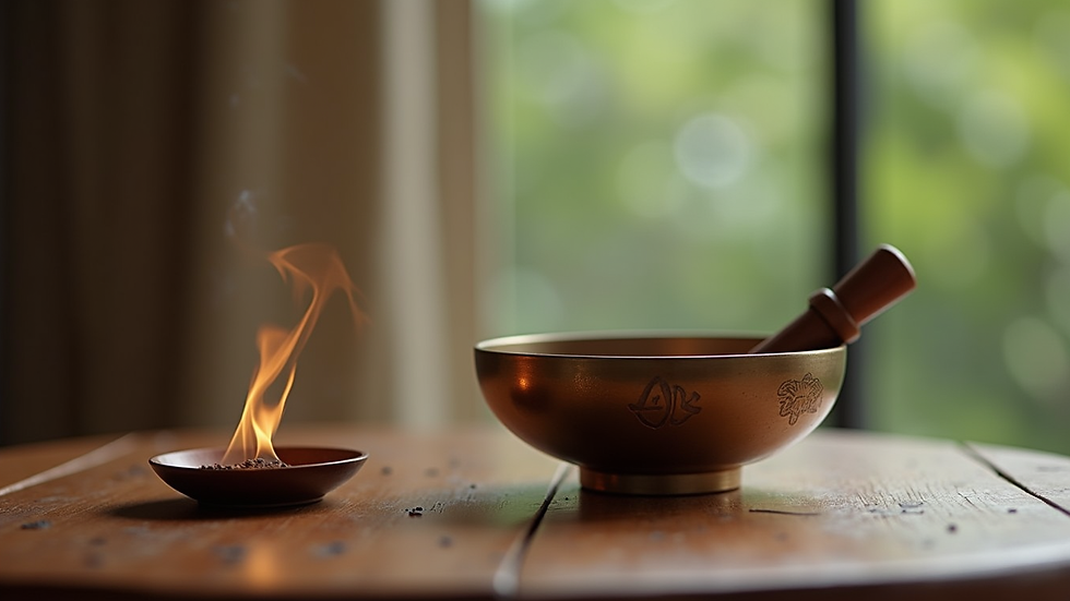 Close-up view of a meditation bowl and incense on a wooden table