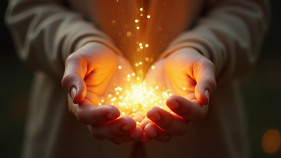 Close-up view of hands gently hovering over a glowing energy field
