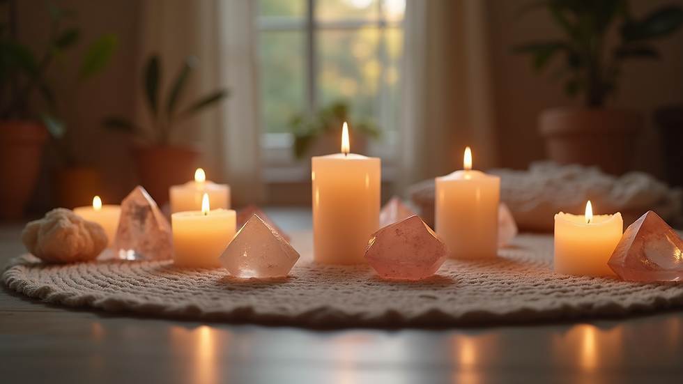 Eye-level view of a serene meditation space with candles and crystals