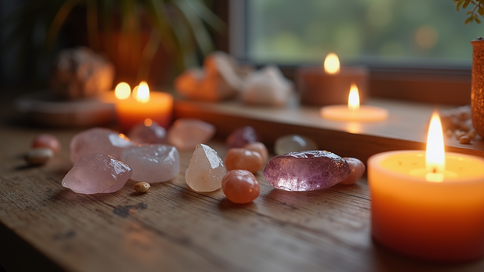 Close-up view of a meditation altar with crystals and incense