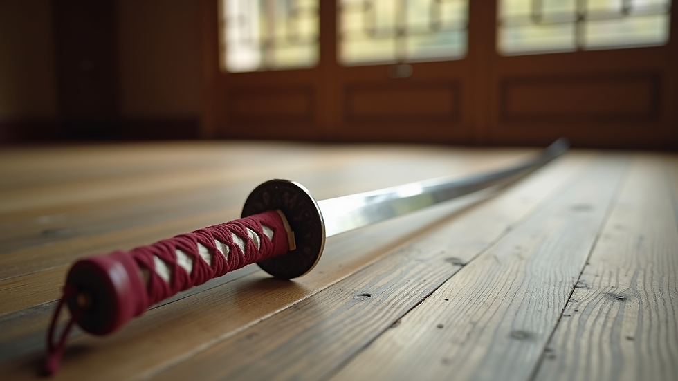 Close-up view of a Tai Chi sword resting on a wooden floor