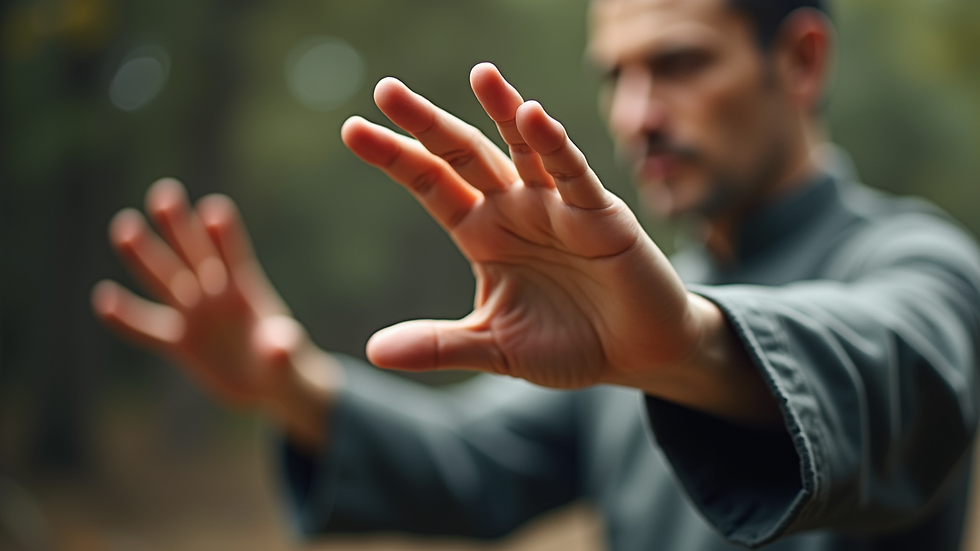 Close-up view of a Tai Chi practitioner’s slow hand movement