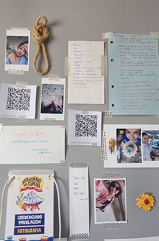Composição visual com múltiplas imagens impressas, organizadas em formato de mapa afetivo sobre mesa branca
