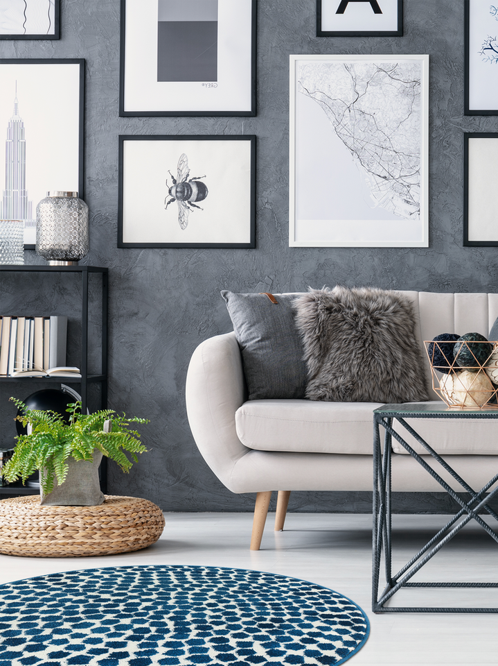 Blue and white patterned round rug in a living room with a white couch, a coffee table, and a potted plant