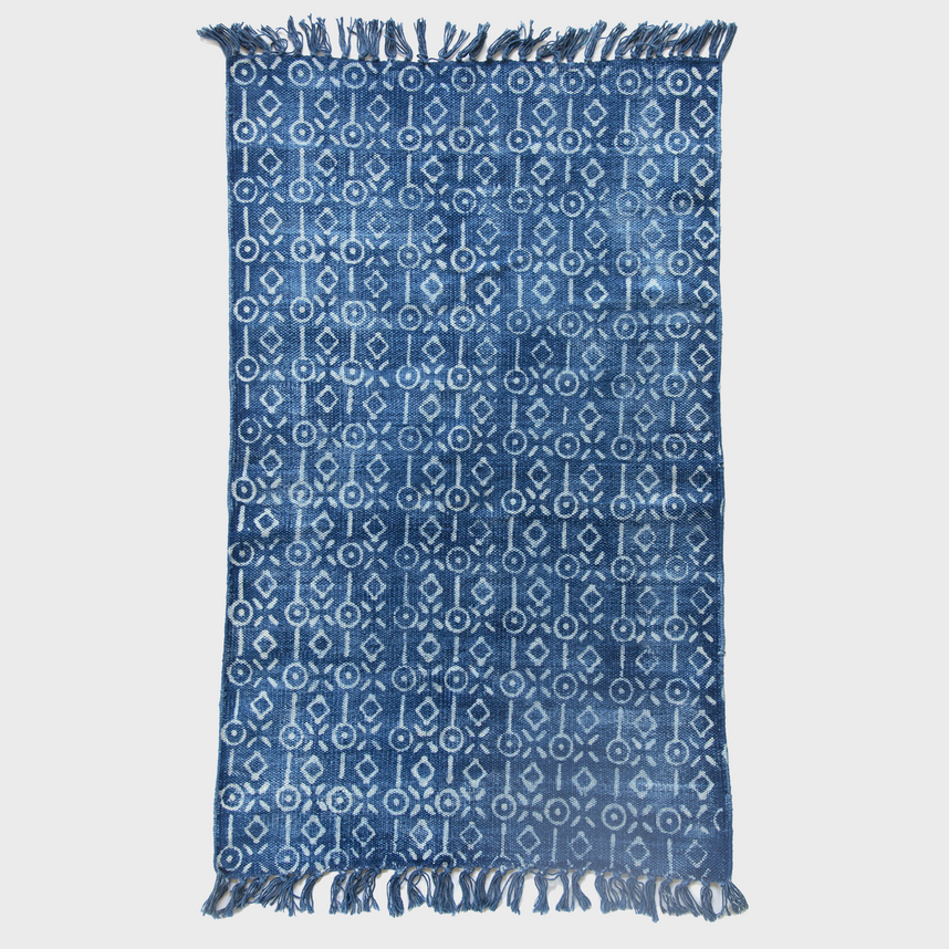 Indigo blue rug with repeating pattern