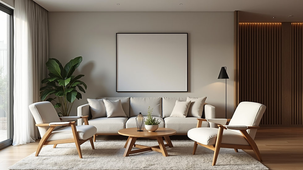 Eye-level view of a stylish living room featuring modern furniture and decor